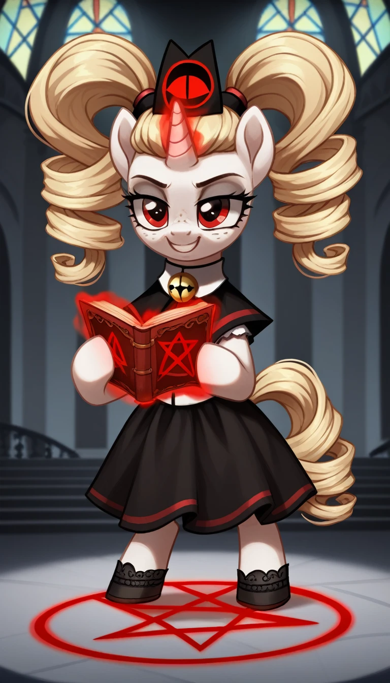score_9,score_8_up,score_7_up,score_6_up, filly, unicorn, white fur, curly strawberry blonde hair, twintails, freckles, red eyes, Gothic pony, lolita fashion, glowing backlight, fashion show, cult church scene, glitter, whimsical, enchanted, magical, fantasy art concept, intricate details, insane smile, blood splatter on face, floating, holding spell book, glowing horn, standing in a glowing pentagram