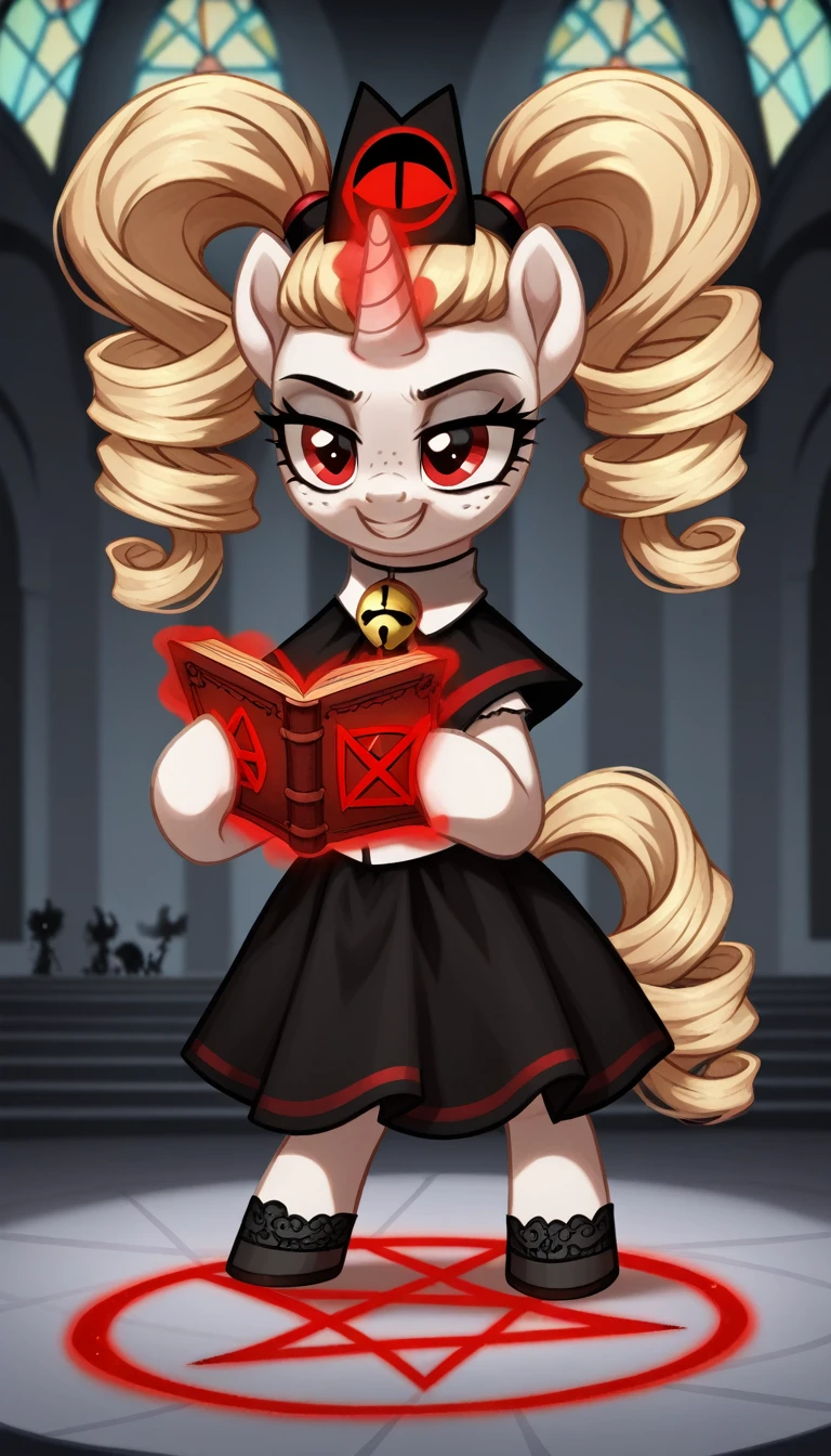 score_9,score_8_up,score_7_up,score_6_up, filly, unicorn, white fur, curly strawberry blonde hair, twintails, freckles, red eyes, Gothic pony, ta fashion, glowing backlight, fashion show, cult church scene, glitter, whimsical, enchanted, magical, fantasy art concept, intricate details, insane smile, blood splatter on face, floating, holding spell book, glowing horn, standing in a glowing pentagram