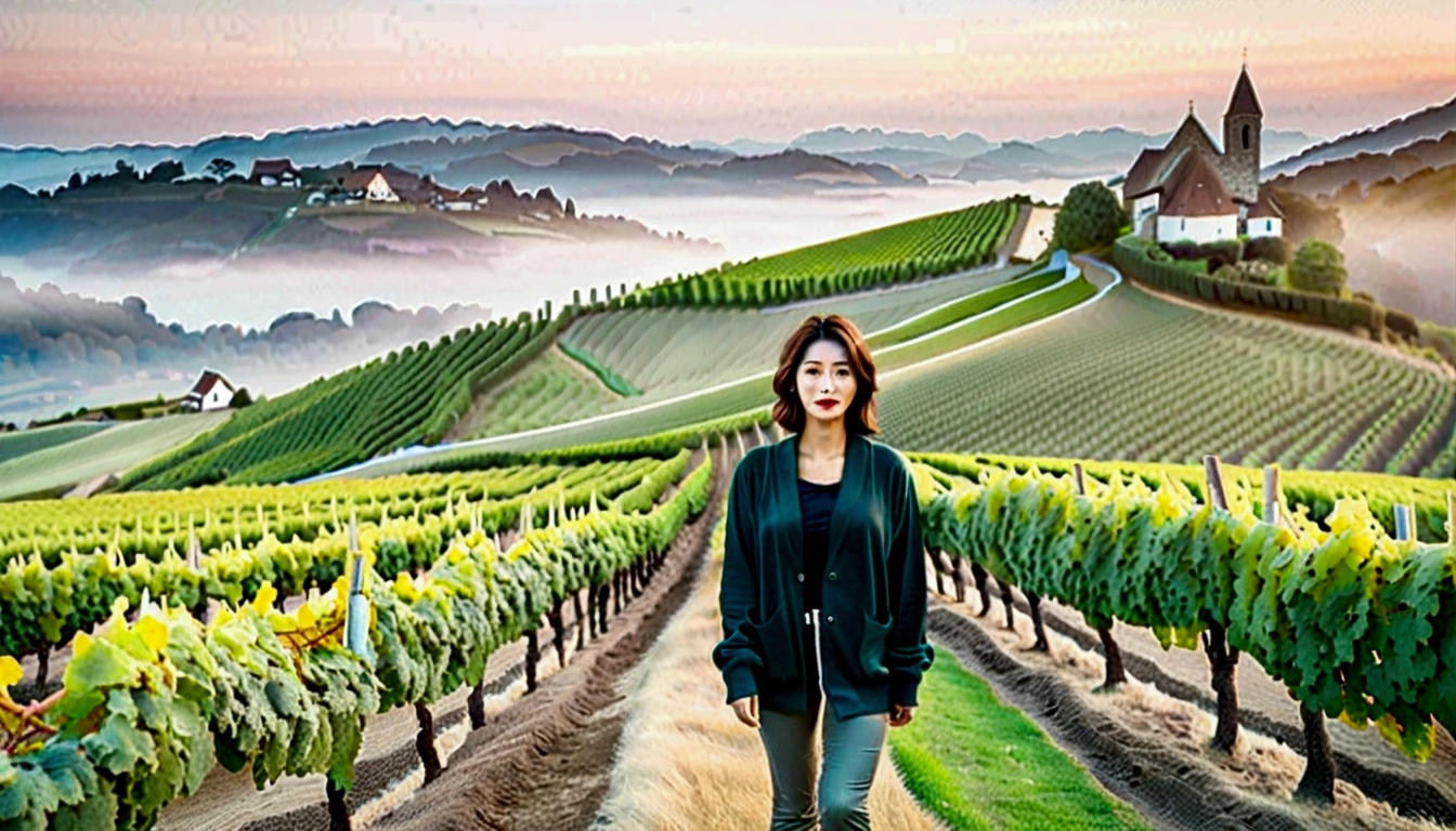 Woman in beautiful landscape 8K highest quality, Beautiful 36-year-old Korean woman, Chest size 34 inches, Passing through vineyards in the Swiss countryside, The cathedral is visible in the early morning fog., The back background is realistic and vivid quality., short medium hair, Casual and British - (summer jacket) ,Perfect and realistic photos, The background is realistic.. Full body shot with Canon camera 16-35 wide angle lens, expressionless, Walking down a vineyard hill covered in thick fog., Walking towards the front camera