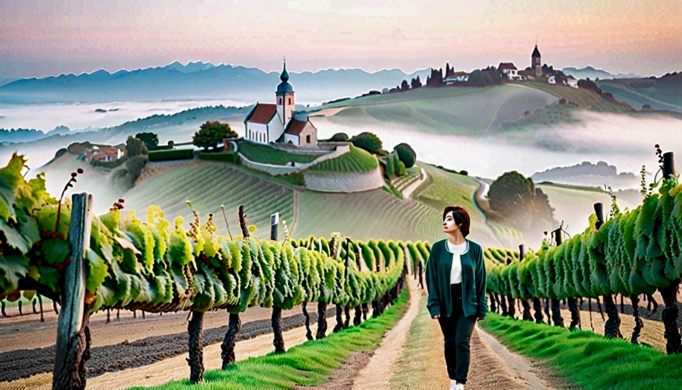 Woman in beautiful landscape 8K highest quality, Beautiful 36-year-old Korean woman, Chest size 34 inches, Passing through vineyards in the Swiss countryside, The cathedral is visible in the early morning fog., The back background is realistic and vivid quality., short medium hair, Casual and British - (summer jacket) ,Perfect and realistic photos, The background is realistic.. Full body shot with Canon camera 16-35 wide angle lens, expressionless, Walking down a vineyard hill covered in thick fog., Walking towards the front camera
