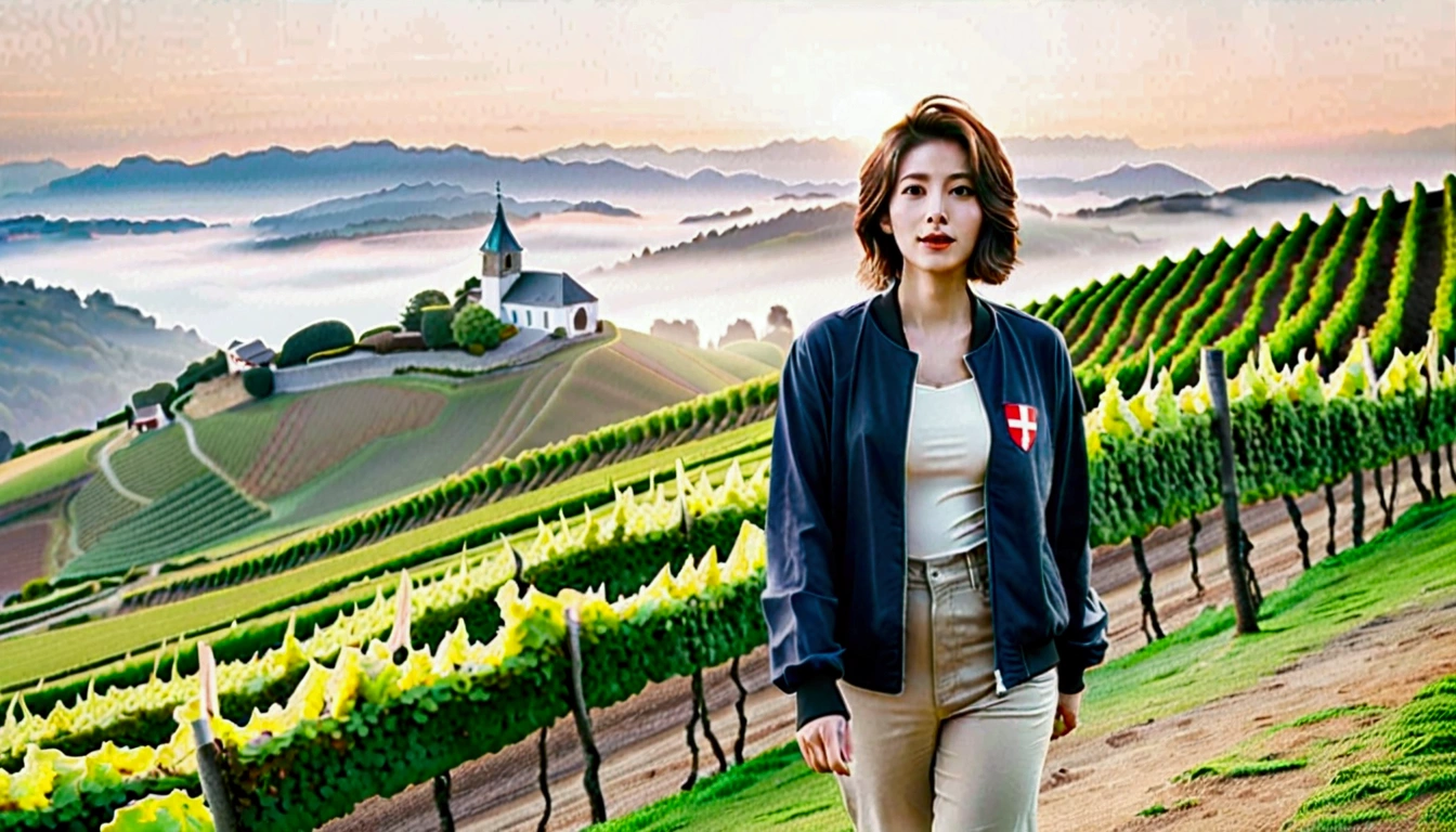 Woman in beautiful landscape 8K highest quality, Beautiful 36-year-old Korean woman, Chest size 34 inches, Passing through vineyards in the Swiss countryside, The cathedral is visible in the early morning fog., The back background is realistic and vivid quality., short medium hair, Casual and British - (summer jacket) ,Perfect and realistic photos, The background is realistic.. Full body shot with Canon camera 16-35 wide angle lens, expressionless, Walking down a vineyard hill covered in thick fog., Walking towards the front camera