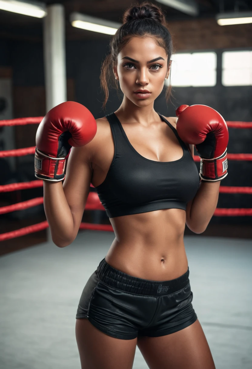 A woman in a boxing ring posing for a photo, wmma. A woman in a black tank top and red boxing gloves. Portrait of a female boxer, fierce expression, sweat on her face, boxing gloves, [Realistic], (strong lighting: 1.2), (boxing ring scene: 1.1), (4k resolution. Black sports bra and shorts, Boxer gloves, With attentive eyes, boxing stance, waist line 1 hyper-realistic real photo, frontal close-up, swinging a boxing glove in front of the camera with passion and anger, preparing to throw a strong punch Completely Arafed woman with green eyes. head up. Pose of a strong, muscular woman, determined expression, fierce look, athletic build, confident pose, beautiful young black woman 25 years old with voluminous dark skin with brown highlights, green eyes, beautiful green eyes, green eyes,. realistic, detailed green eyes, ultra-realistic, symmetrical, hyper-realistic (eyeliner, long and perfect eyelashes, the nose is small and proportional to the face and the soft contour of the face that accentuates the high cheekbones, attractive mouth and). irresistible, well-defined lips, full lips, voluminous lips, seductive lips, captivating, striking, unforgettable and enigmatic black lipstick. The face is oval, with high cheekbones and a well-defined chin, a beautiful and detailed face. Black lipstick, gothic makeup. Skin tone: Olive skin, healthy and even glow, with olive skin, dark skin, sexy girl with olive skin, detailed skin texture, beautiful and glowing skin, intricate details, smooth skin, healthy and radiant appearance. Hourglass body, voluptuous body, slender woman, Huge breasts, well-toned tummy, slim waist, Wide hips, big hips, huge butt, thick thighs, Long shapely legs. 50mm lens, f/2.8, hdr, RAW photo (8K), high quality resolution 8K uhd, dslr, 2k, 4K, 8K, 16K.