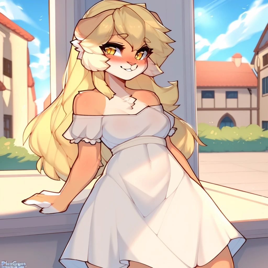 sfw, by claweddrip, by ressue, by pudgeruffian, by fleet-foot, by thericegoat, best quality, masterpiece, solo, female, rabbit, rabbit tail, (lop ears:1.1), blonde hair, long straight hair, beige fur, yellow eyes, bright eyes, medium breast, sundress, white sundress, off-shoulder, frills, gentle smile, plaza scenery