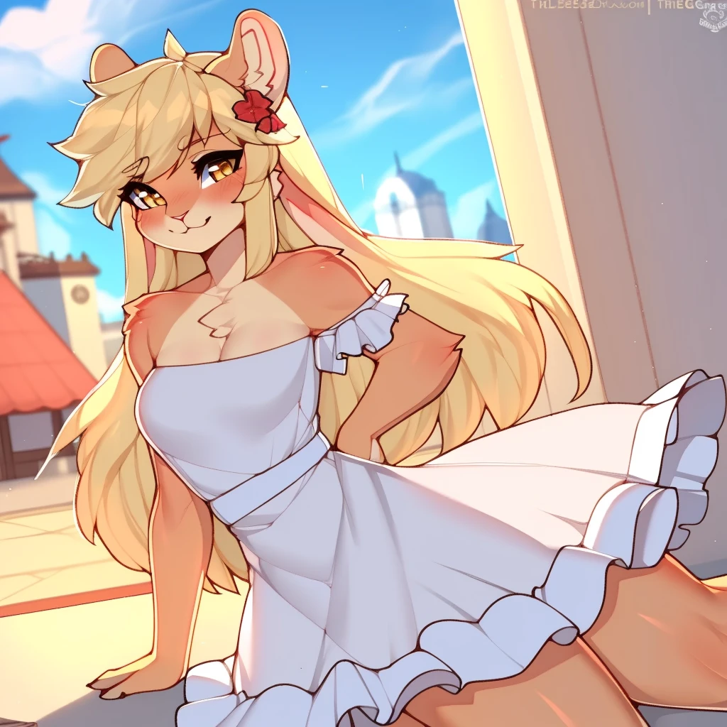 sfw, by claweddrip, by ressue, by pudgeruffian, by fleet-foot, by thericegoat, best quality, masterpiece, solo, female, rabbit, rabbit tail, (lop ears:1.1), blonde hair, long straight hair, beige fur, yellow eyes, bright eyes, medium breast, sundress, white sundress, off-shoulder, frills, gentle smile, plaza scenery