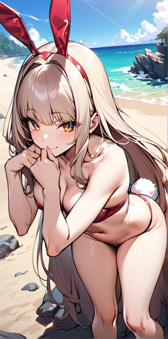 ((Highest quality、、masterpiece:1.3)), Upper Body、Long legs、Sharp focus:1.2, Beautiful woman with perfect figure:1.4、(Smiling:1.2), double eyelid、30-year-old female、Sexy pose、((((Close your mouth、One Woman、Bunny girl,Beach、Tropical、Sandy Beach、Rocky area、Ocean))))