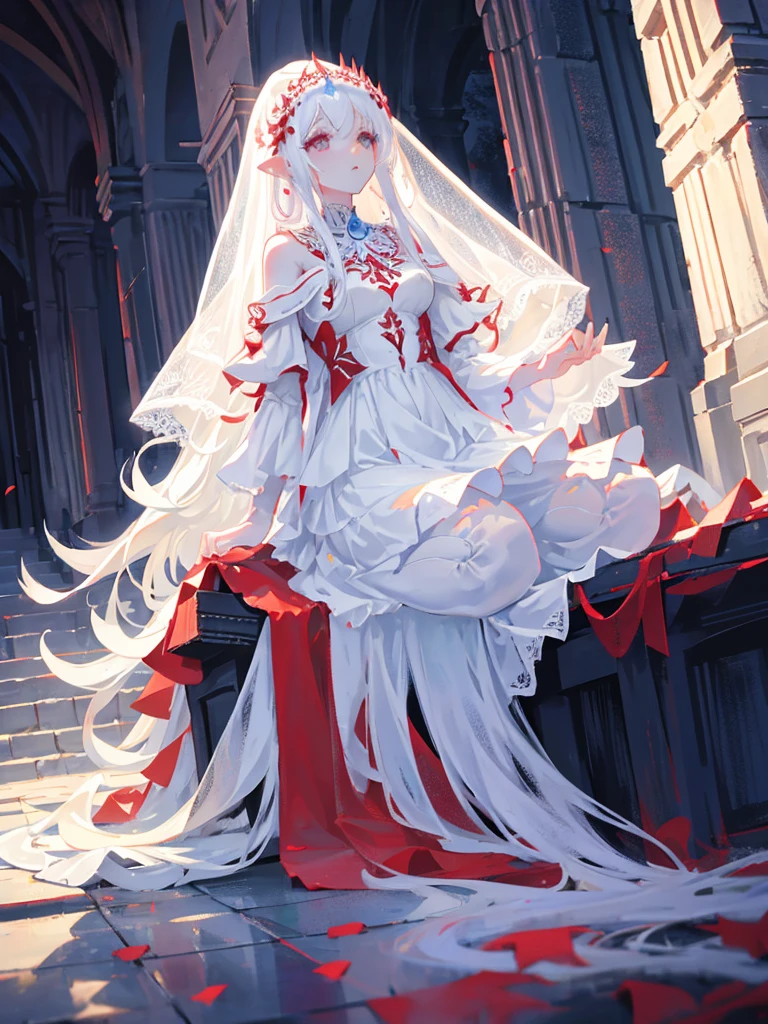 Beautiful, majestic, woman, solo-girl, long white hair, pale white skin, (red eyes:0.7), (white dress:1.1), (white veil:1.1), kneeling, dark ancient temple in background, rays of moonlight