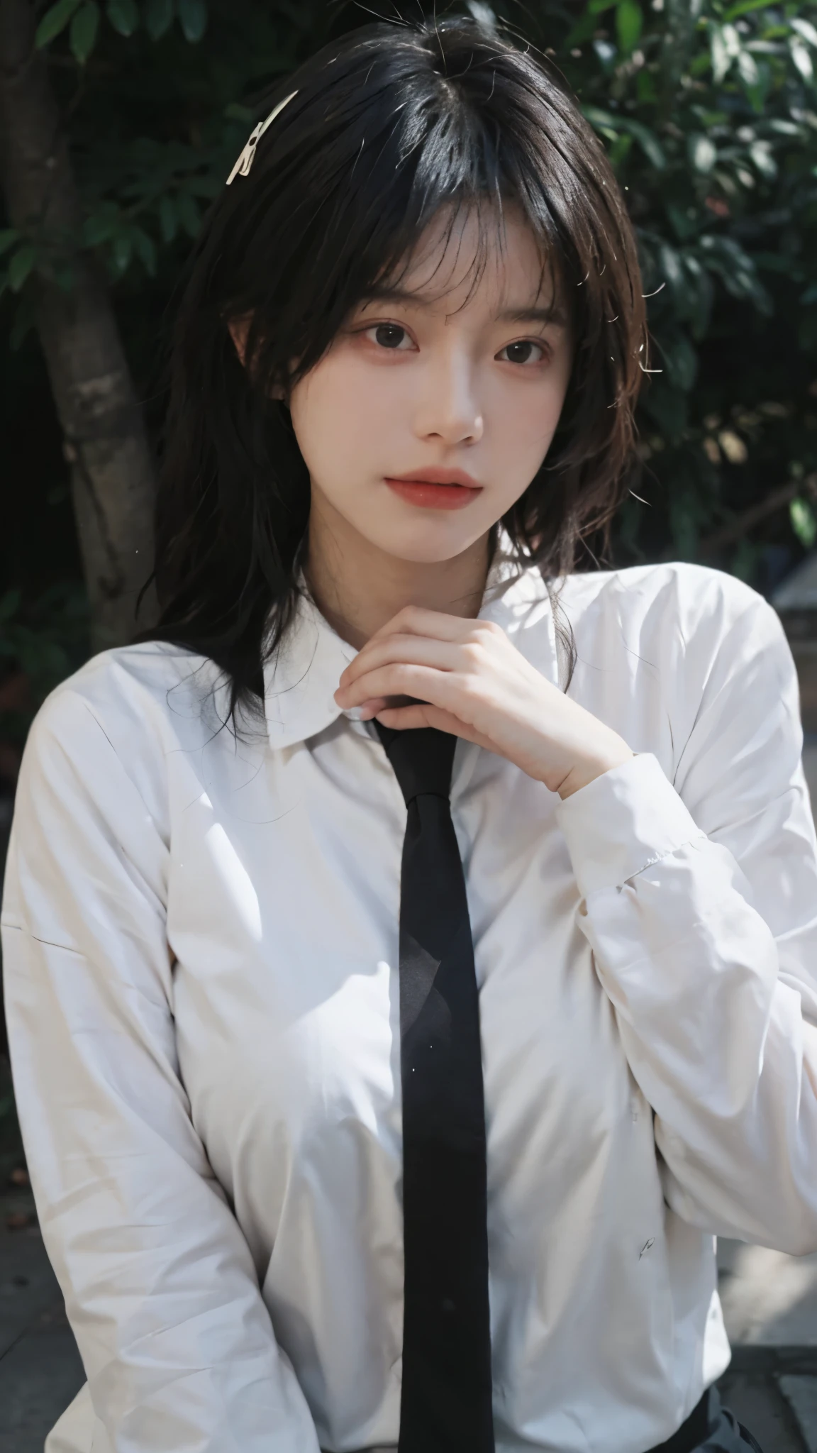 Best quality,masterpiece,Ultra-high resolution,16K,Sunshine Background,(Photo Realism:1.4),1 Girl,JK,Sexy,(Shirt and Tie:1.2),(Big breasts:1.3),(whole body:1.4)
