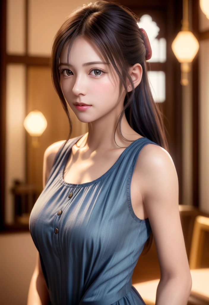 8K, of the highest quality, masutepiece:1.2), (Realistic, Photorealsitic:1.37), of the highest quality, masutepiece, Beautiful young woman, Pensive expression,、A charming、and an inviting look, Cute Maid Clothes, Hair tied back, Cinematic background, Light skin tone