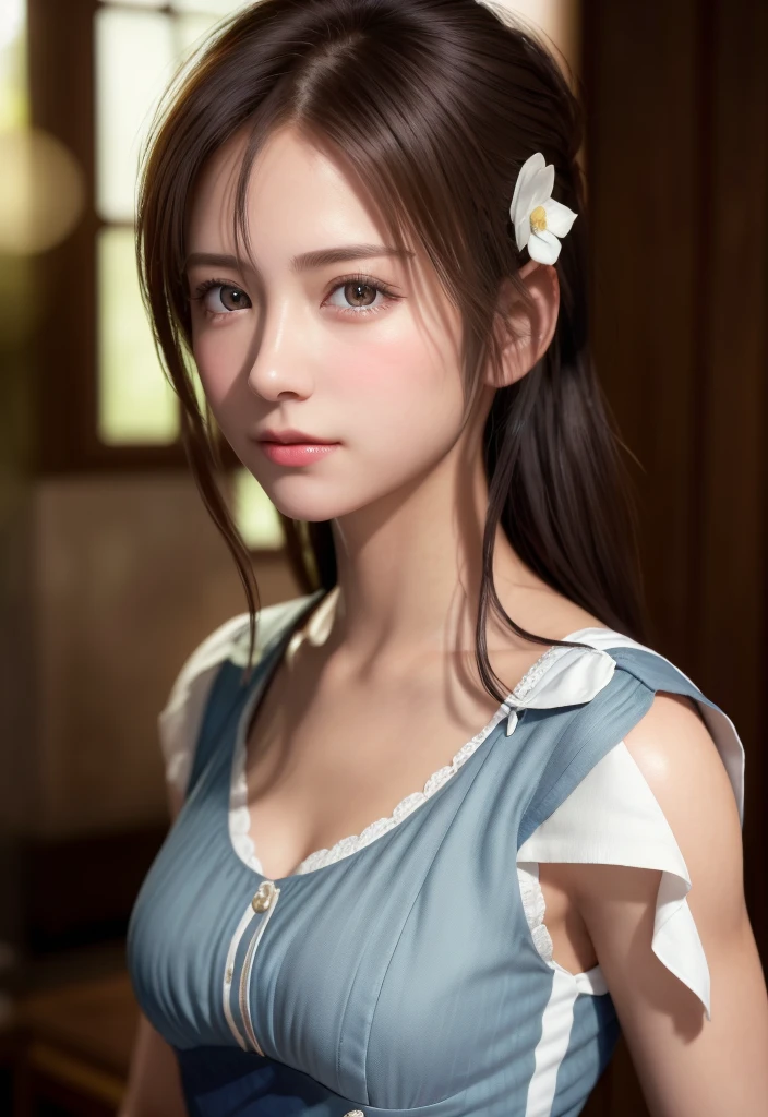 8K, of the highest quality, masutepiece:1.2), (Realistic, Photorealsitic:1.37), of the highest quality, masutepiece, Beautiful young woman, Pensive expression,、A charming、and an inviting look, Cute Maid Clothes, Hair tied back, Cinematic background, Light skin tone