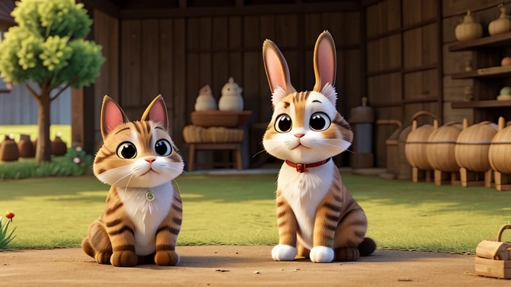 a bunny side a cat, background a farm