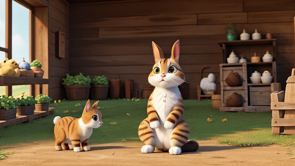 a bunny side a cat, background a farm