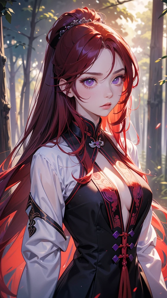 work of art, best qualityer, ultra epic details, (long scarlet red hair), purple iris eyes, Chinese hair, (surrounded by purple rays), black leagwear, forest in the background, rosto angelical ((Face ultra detailed)), (perfects eyes), frowning eyes, tied up hair, flushed skin