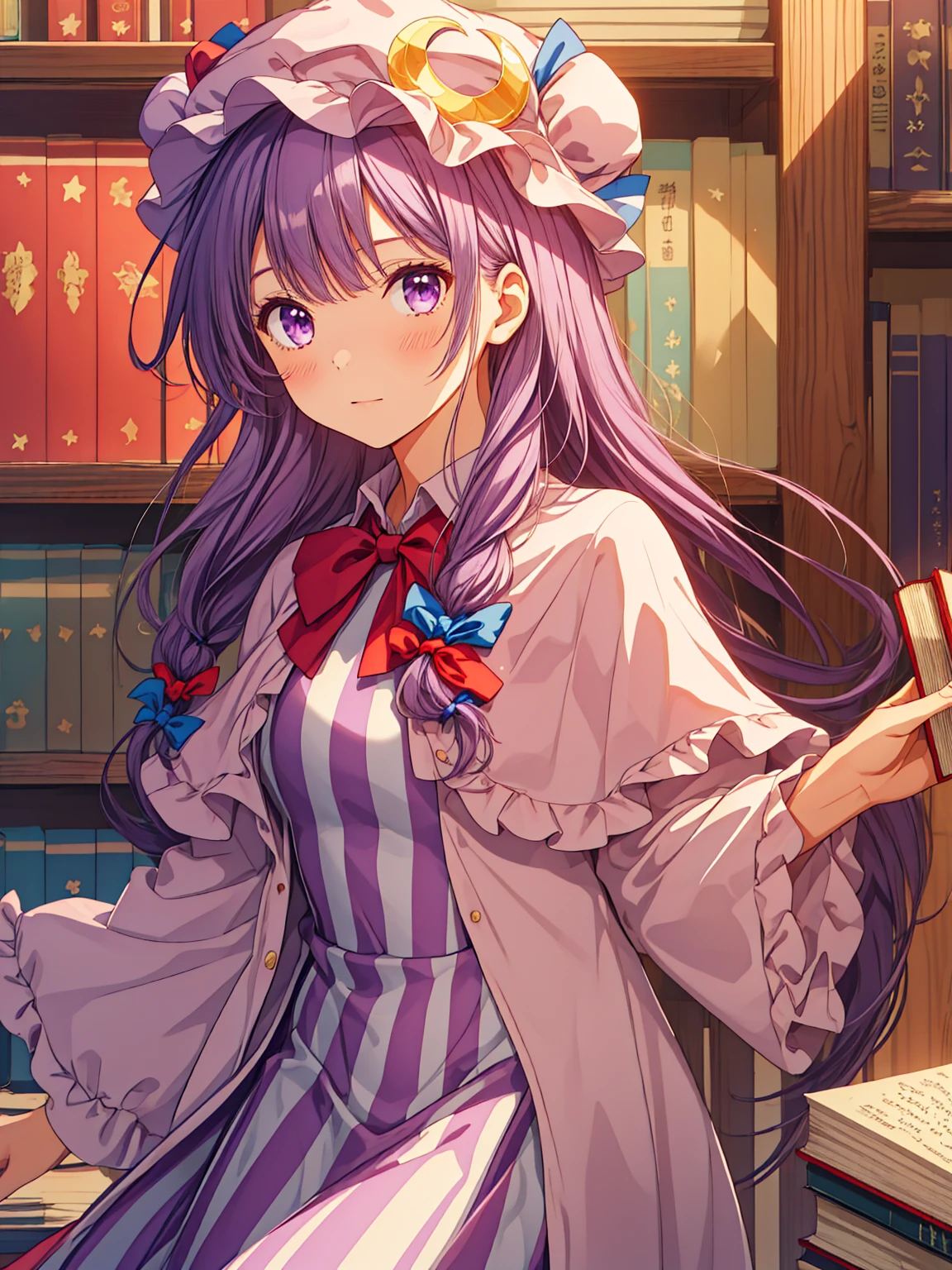 best quality, masterpiece, highres, solo, {patchouli_knowledge_touhou:1.15}, long_hair, purple_hair, crescent, purple_eyes, ribbon, hat, bow, bangs, mob_cap, hat_ornament, crescent_hat_ornament, hair_bow, red_bow, blue_bow, upper_body, book, red_ribbon, capelet, hat_ribbon, striped, very_long_hair, 1girl, blunt_bangs, dress,( Books flying in the air), long_sleeves, looking_at_viewer, open_book, striped_dress, vertical-striped_dress, vertical_stripes, blue_ribbon, purple_dress, purple_headwear, sidelocks, bowtie, frills, purple_capelet, red_bowtie, sitting, wide_sleeves