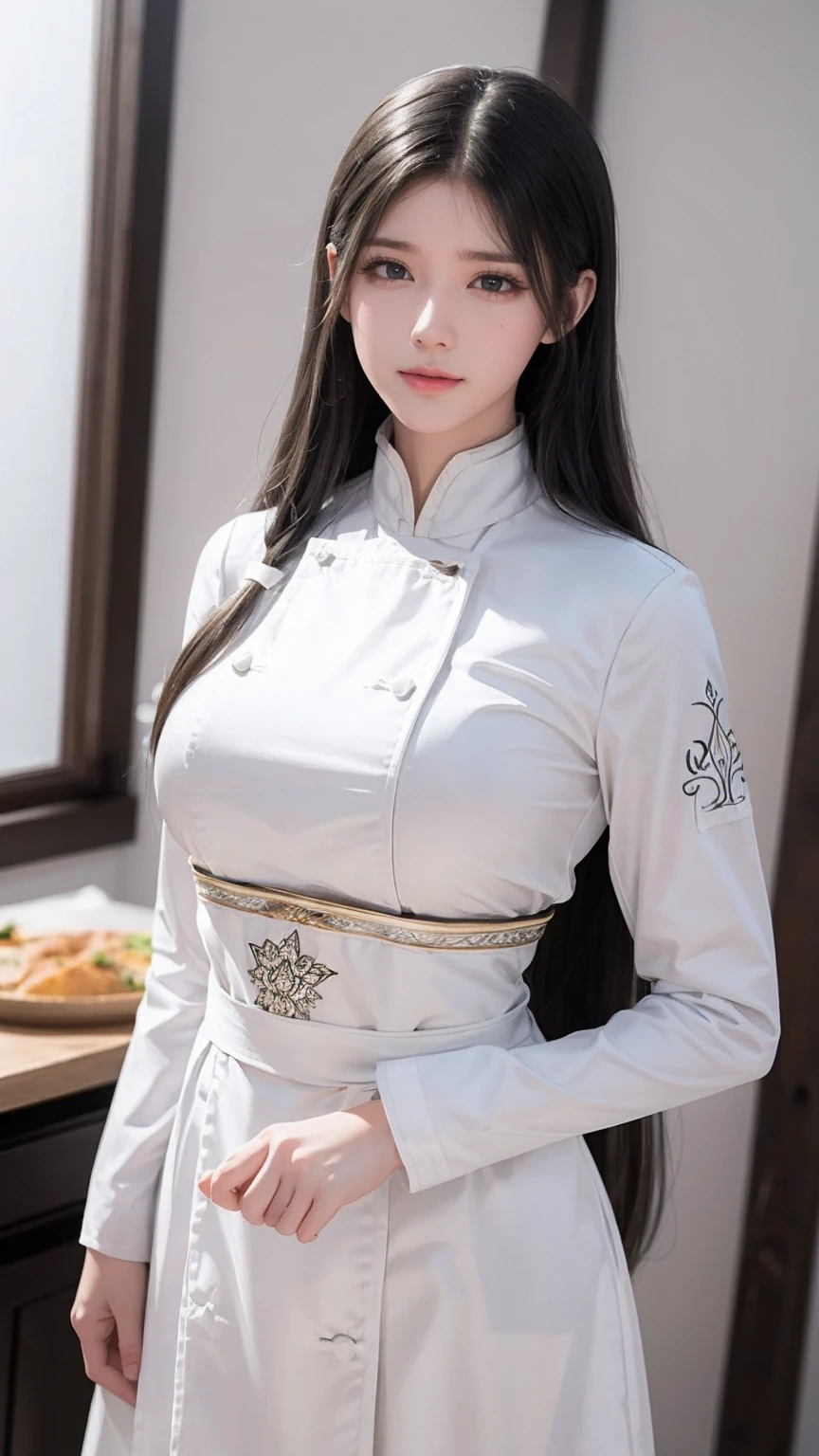 White background, a girl who is a chef, masterpiece,extremely beautiful woman,Excellent sense,(((perfect very white background))),American Comics,(((The Perfect One Woman))),(((one person))),colorful,Highly detailed perfect upper body,highly detailed face,near future,SF,