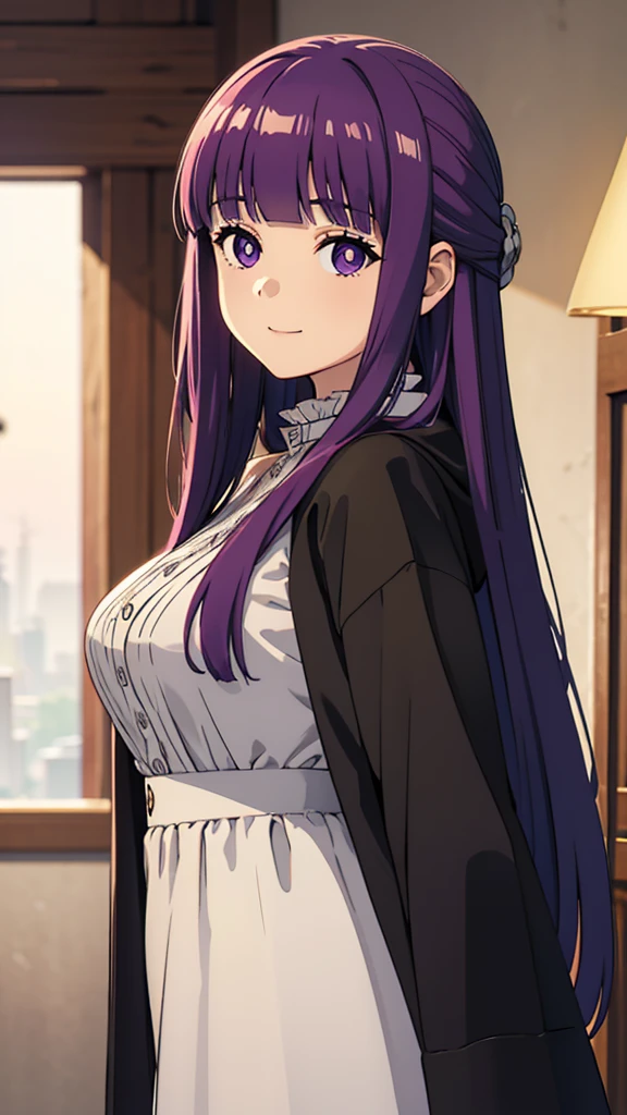 è²ä¼¦,1girl,solo,purple hair,long hair,purple eyes,blunt bangs,sidelocks,half updo,bright pupils, hair ornament,frilled collar,black robe,white dress,center frills,buttons,wide sleeves,long sleeves,curvy,cowboy shot,brown coat,from side,smile,, Exquisite visuals, high-definition,masterpiece,best quality,, 20yo,Young female,Beautiful Finger,Beautiful long legs,Beautiful body,Beautiful Nose,Beautiful character design, perfect eyes, perfect face,expressive eyes, looking at viewer, official art,extremely detailed CG unity 8k wallpaper, perfect lighting,Colorful, Bright_Front_face_Lighting,shiny skin, (masterpiece:1.0),(best_quality:1.0), ultra high res,4K,ultra-detailed, photography, 8K, HDR, highres, absurdres:1.2, Kodak portra 400, film grain, blurry background, bokeh:1.2, lens flare, (vibrant_color:1.2), (beautiful_face:1.5),(narrow_waist),