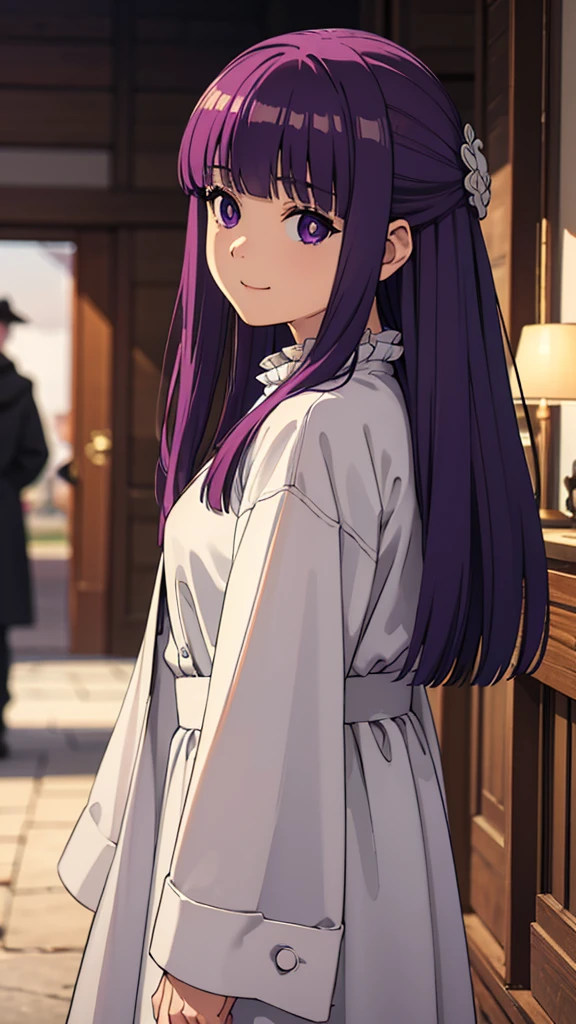 è²ä¼¦,1girl,solo,purple hair,long hair,purple eyes,blunt bangs,sidelocks,half updo,bright pupils, hair ornament,frilled collar,black robe,white dress,center frills,buttons,wide sleeves,long sleeves,curvy,cowboy shot,brown coat,from side,smile,, Exquisite visuals, high-definition,masterpiece,best quality,, 20yo,Young female,Beautiful Finger,Beautiful long legs,Beautiful body,Beautiful Nose,Beautiful character design, perfect eyes, perfect face,expressive eyes, looking at viewer, official art,extremely detailed CG unity 8k wallpaper, perfect lighting,Colorful, Bright_Front_face_Lighting,shiny skin, (masterpiece:1.0),(best_quality:1.0), ultra high res,4K,ultra-detailed, photography, 8K, HDR, highres, absurdres:1.2, Kodak portra 400, film grain, blurry background, bokeh:1.2, lens flare, (vibrant_color:1.2), (beautiful_face:1.5),(narrow_waist),