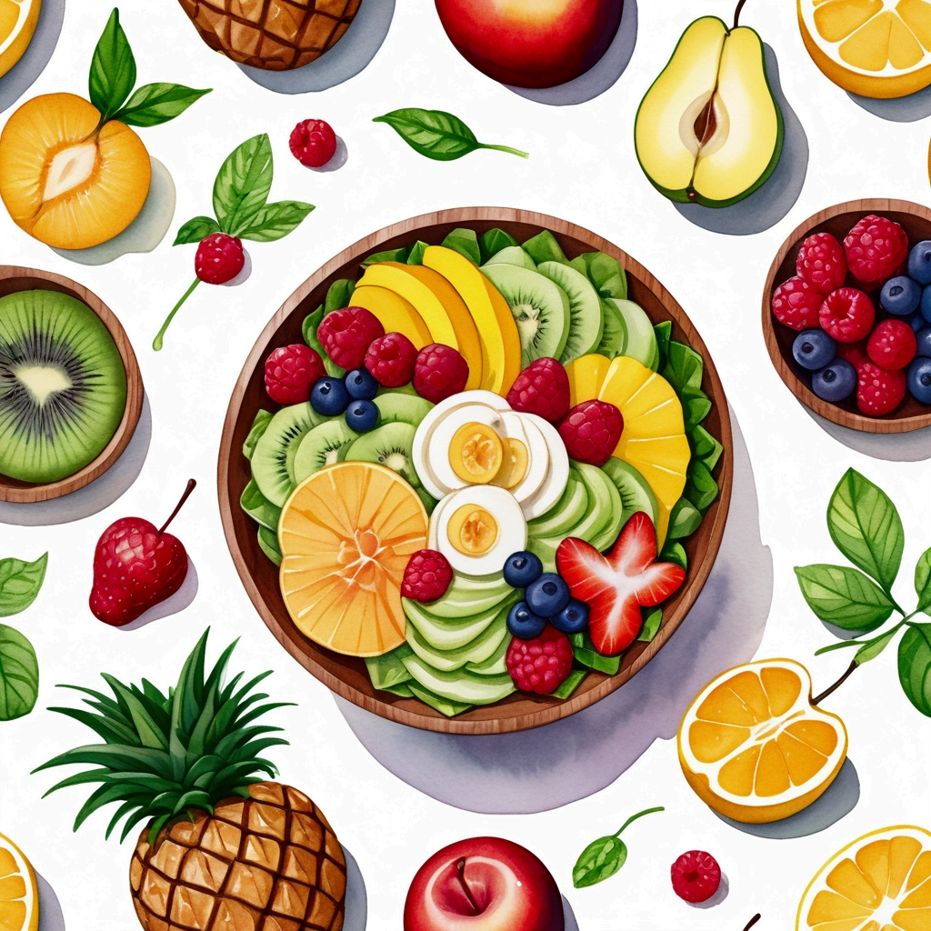 There is bowl of salad made of different fruit , fresh and creamy, served in fancy wooden bowl, illustration, baking ingredients, isolated with solid white background, surrounded with negative space, centered composition, highest detailed painting, very precise line, Isolated, clear solid white background, perspective angle of view, ((watercolor:1)), (lora:add-detail-xl:1), (masterpiece), (best quality), no bread on the floor, washed out color