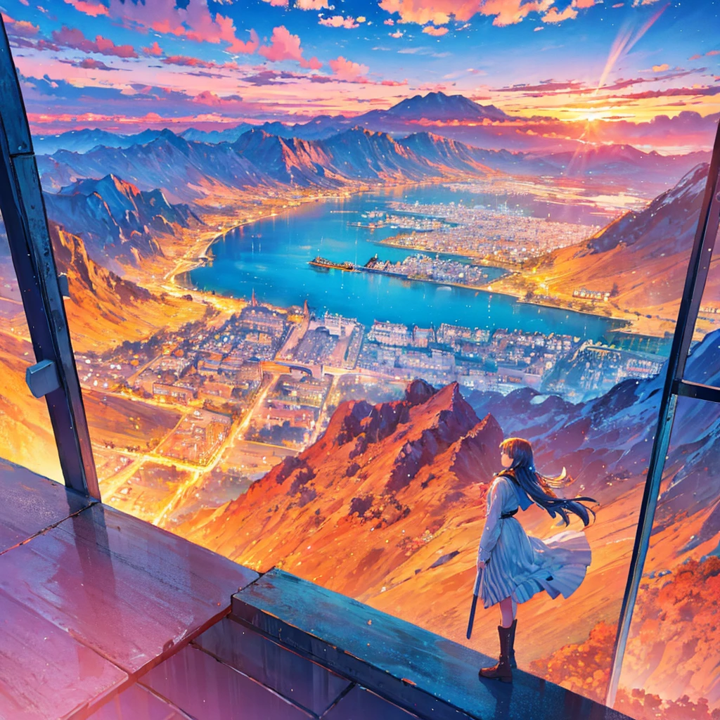 Masterpiece, ultra detailed, beautiful,Super Saturation, desert,1 girl, desert princess, anime picture, arcadia , from a distance, landscape,Nevada,desert:1.6