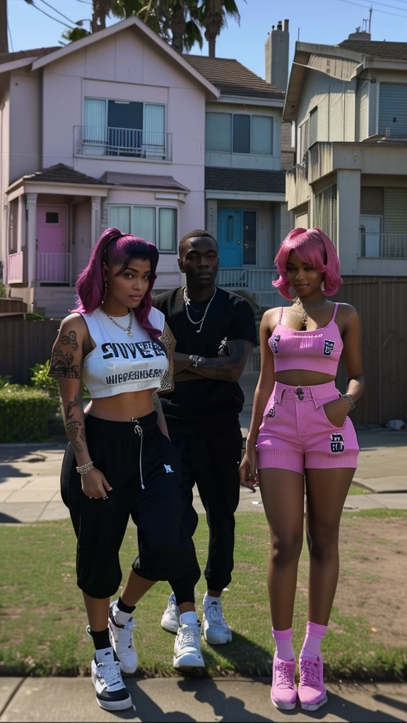 three people standing in a yard with a house in the background, imvu, daz, secondlife, in clothes! highly detailed, daz3d, daz 3 d, 2k, daz 3d, 2 k, second life avatar, realistic people 