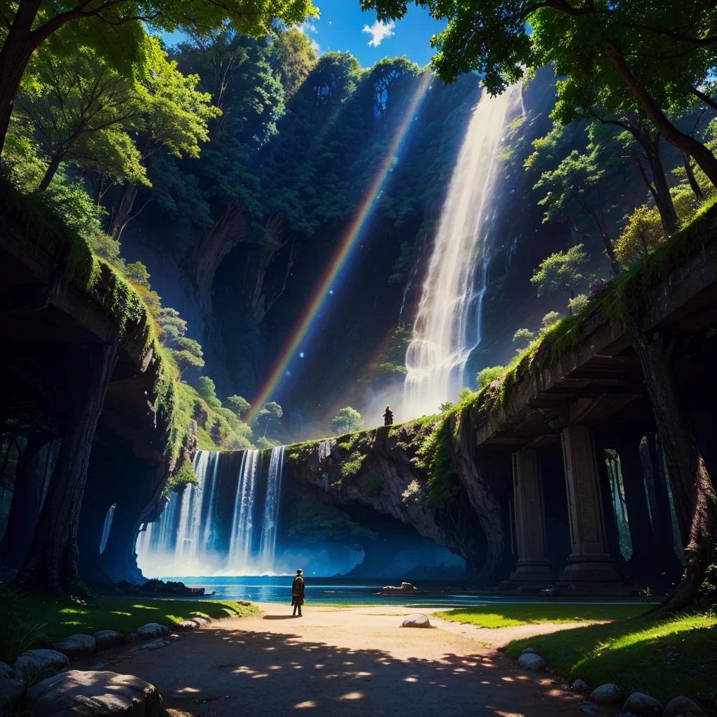 mysteriousな超巨大なトンネルの中に森がある，There is a huge tree，Different world，The sunlight from the sun shines on the earth，Colorful，Best Quality，8K，mysterious，Fantasy，Different space，There is a super huge waterfall，There are many different creatures，Nature，romantic，A world beyond imagination，Dream world，universe，Huge river，masterpiece，最高masterpiece，perfection，
