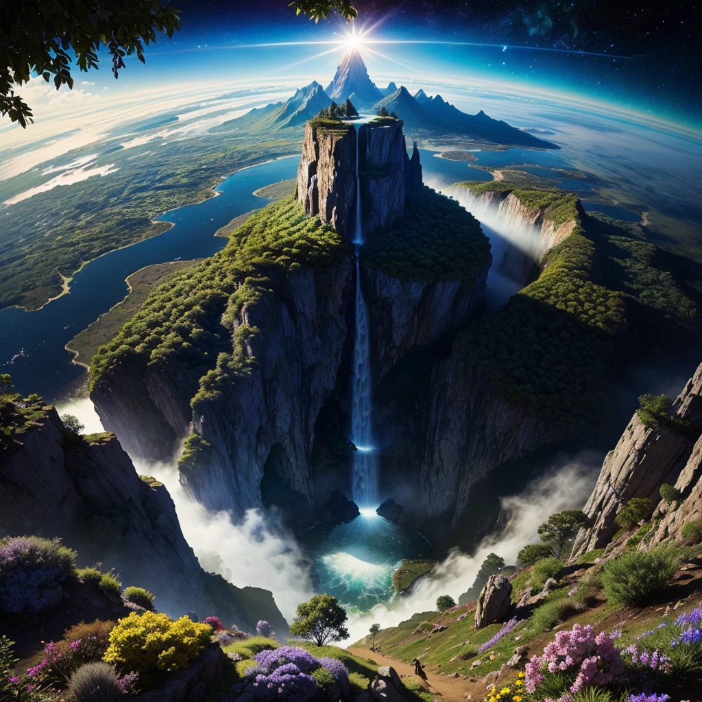 mysteriousな超巨大なトンネルの中に森がある,There is a huge tree,Different world,The sunlight from the sun shines on the earth,Colorful,Best Quality,8K,mysterious,Fantasy,Different space,There is a super huge waterfall,There are many different creatures,Nature,romantic,A world beyond imagination,Dream world,universe,Huge river,masterpiece,最高masterpiece,perfection,