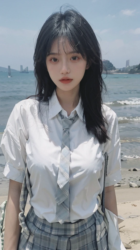 Best quality，masterpiece，Ultra-high resolution，16K,Beach Background，（Photo Realism：1.4),1 Girl，JK，Sexy，（Shirt and Tie：1.2),（Big breasts：1.3),（Upper body：1.4)