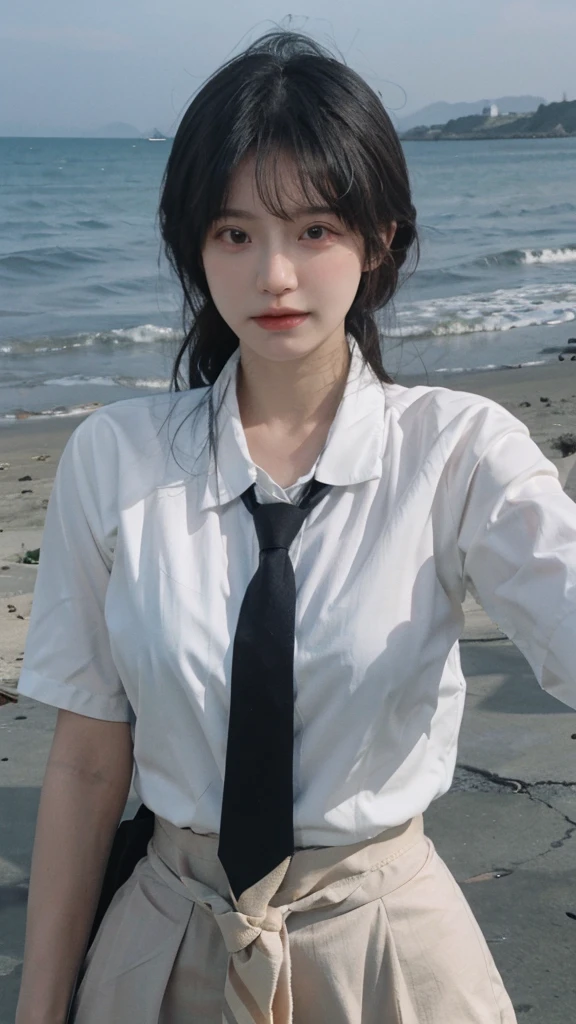 Best quality，masterpiece，Ultra-high resolution，16K,Beach Background，（Photo Realism：1.4),1 Girl，JK，Sexy，（Shirt and Tie：1.2),（Big breasts：1.3),（Upper body：1.4)