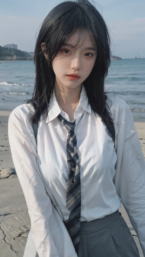 Best quality,masterpiece,Ultra-high resolution,16K,Beach Background,(Photo Realism:1.4),1 Girl,JK,Sexy,(Shirt and Tie:1.2),(Big breasts:1.3),(Upper body:1.4)
