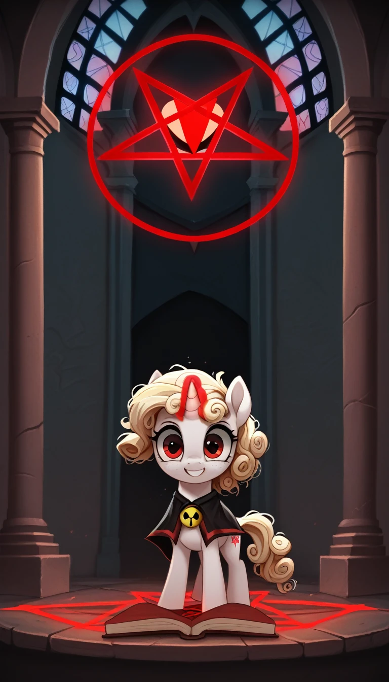 score_9,score_8_up,score_7_up,score_6_up, filly, unicorn, white fur, curly blonde hair, freckles, red eyes, cutie mark , glowing backlight, cult church scene, glitter, whimsical, enchanted, magical, fantasy art concept, intricate details, insane smile, floating, holding spell book, glowing horn, glowing pentagram