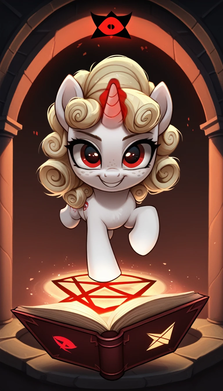 score_9,score_8_up,score_7_up,score_6_up, filly, unicorn, white fur, curly blonde hair, freckles, red eyes, cutie mark , glowing backlight, cult church scene, glitter, whimsical, enchanted, magical, fantasy art concept, intricate details, insane smile, floating, holding spell book, glowing horn, glowing pentagram