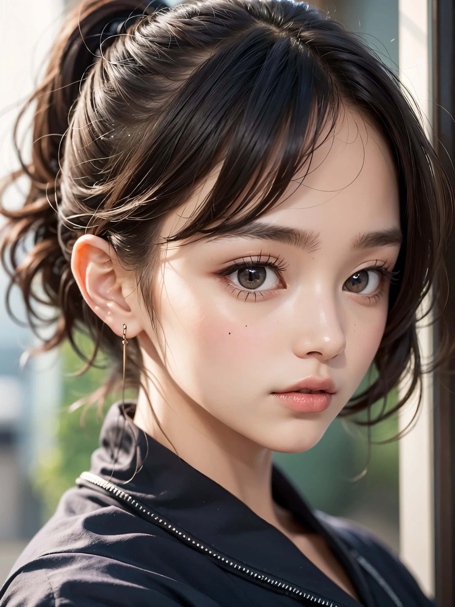 One Girl,(1人のとてもcute女の子:1.3),masterpiece,Highest quality,High resolution,From below,Low - Angle,Photorealistic,RAW Photos,Ray Tracing,beautiful girl,(:1.3),cute,Big eyes,(detailed pupils:1.2),(The face is facing forward:1.3),Cute nose,Beautiful nose,Upturned nose,Fuller lips,Short brown hair,ponytail,short hair,Detailed eyelashes,Thin eyebrows,Very fine grain definition,(Symmetrical eyes:1.3),(Face close-up,Face Focus:1.0),Small breasts,ShorSailor suit,People emerge,Dark Background,Portrait,View Viewer,Upper Body,Cinema Lighting,Soft Light,Very detailed
