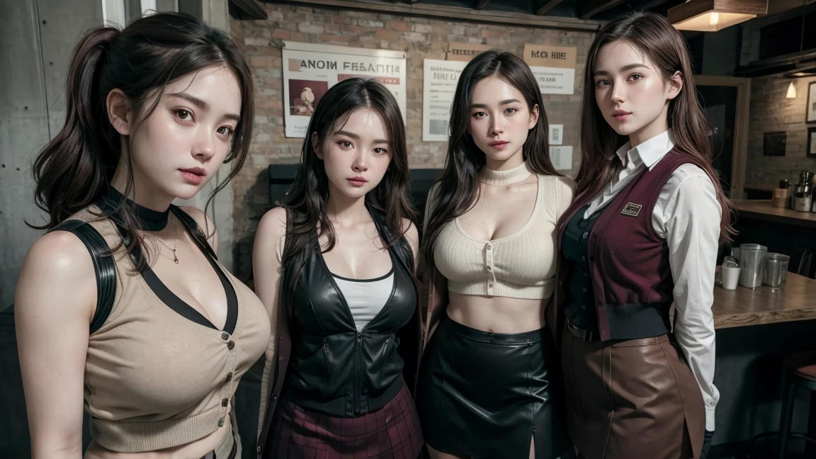 Group of busty Korean sluts, blonde short hair, tattoos, jewelry , goth, crown, bones, darkness, onlyfans, piercing, black , night, 666, demon, red lips, queens, goddesses, mistresses, jewelry in nose, seductive look, attractive pose, colossal breast, chain, earrings, grey lips color, blood, perfect body, collars and chains on neck, various colors of hair,