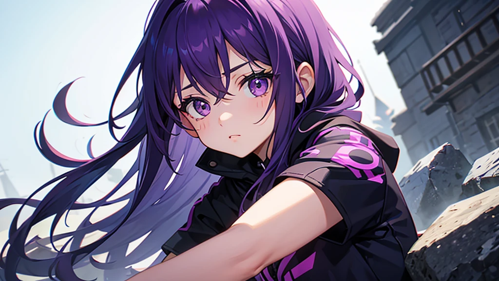 small girl with cold eyes with purple hair