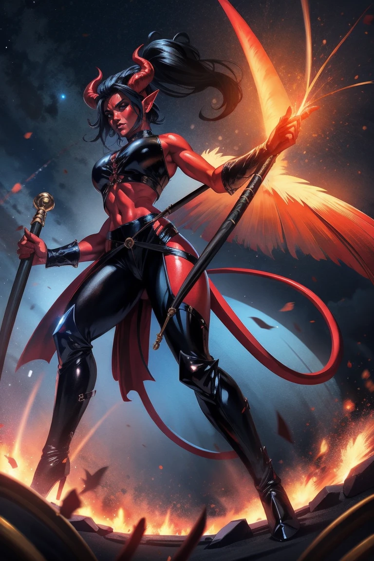 Red skin succubus tiefling, medium , black horns, wings, huge tail, black leather, crop top, long flowing pelvic curtain, tall, toned, graceful, thin, long black ponytail. Action scene, whip. Dark scene, explosions, night sky.