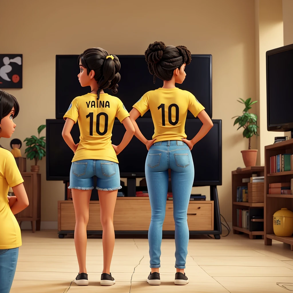 Woman from behind watching big TV screen with the yellow Colombia national team t-shirt number 10, name of the t-shirt Martha, black hair color