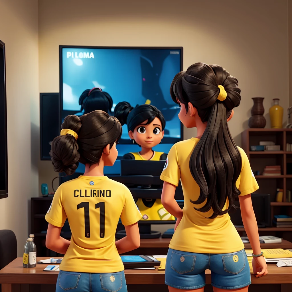 Woman from behind watching big TV screen with the yellow Colombia national team t-shirt number 10, name of the t-shirt Martha, black hair color