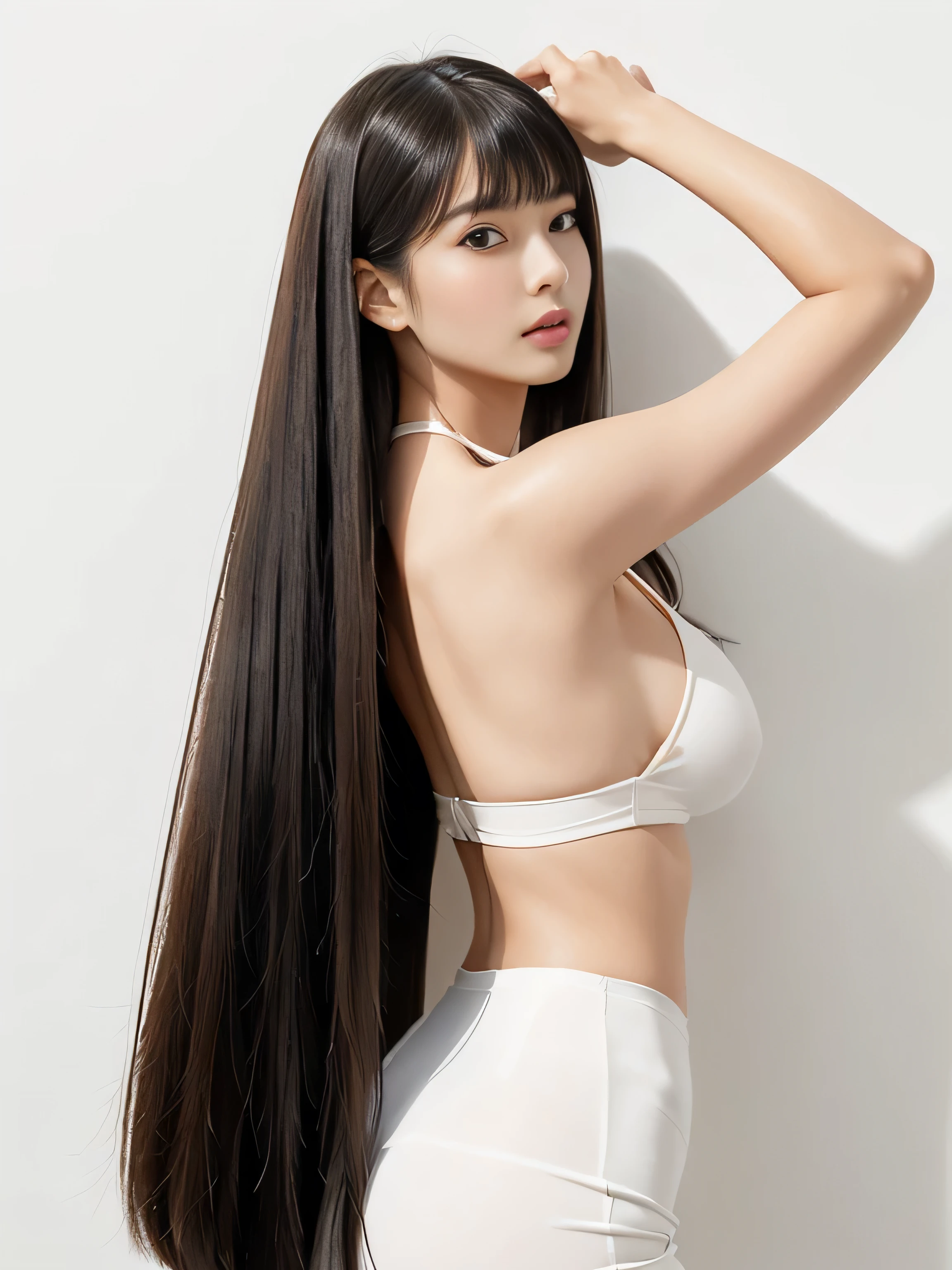 1woman ((Waist up shot:!!!)) (She is standing in front of a white wall and doing a sway back stance:1.6、A pose that makes your hair look as wide as possible:1.8) (Large Breasts:2.0) (She looks very confident in the audience....:1.8) ((Highest quality)), ((masterpiece)), (Family Friendly), (Get used to it) ((Her hair is very long!!!!! & Very straight:1.5)) (((Her hair color is the perfect light brown.....:1.8!!))) (Her bangs are neatly trimmed、Straight down.:1.5) (Highest qualityの long hair to the ankles!!!!! Highest quality Hair quality with attention to detail long hair to the ankles!!!!!、Very long lasting hair!!!!! Flowing Hair Her hair is very straight.:1.5!!! Very shiny and thick hair Abnormally long hair that lasts forever!!!!! Flowing Hair on both ends!!!!! long hair to the ankles!!!!! long hair to the ankles!!!!! Thick and shiny hair Very free hair Abnormally long hair!!!!! Beautiful silky hair Beautiful and shiny hair Beautiful and shiny hair Beautiful silky hair long hair to the ankles!!!!! Very long hair!!!!! Very long hair!!!!!) (Highest quality The best ultra-fine long hair to the ankles!!!!!、Very long hair that lasts forever Flowing Hair Her hair is very straight.:1.5!!! Very shiny and thick hair Abnormally long hair that lasts forever!!!!! Flowing Hair on both ends long hair to the ankles!!!!! Thick and shiny hair Very free hair Abnormally long hair!!!!! Beautiful silky hair long hair to the ankles!!!!! Beautiful and shiny hair Beautiful and shiny hair Beautiful silky hair long hair to the ankles!!!!! Very very, Very long hair!!!!! Very very, Very long hair!!!!!) (She is the most beautiful 24-year-old hair model in Japan..............) Perfect woman'face (Her face shape is thinner than average:1.8) (Her eyes are larger than average:1.8 Her nose is higher than average:1.8) (She has a typical Japanese build and skin color...., Her skin is very high quality and super high resolution.、very beautiful and glowing skin) (Her face is dignified and sexy)(She achieved her sexy look with the help of a professional makeup artist.。Lipstick is bright red!!!!! The eyeliner is a well-drawn black) ((Rich 1.4)) (Extremely detailed 8K) (Ultra-fine skin texture 1.4) (current, Vibrant:1.4), Sharp focus:1.2、Beautiful woman:1.4 Dynamic Lighting (Genuine RAW photos taken by professional photographers) (Surreal photos by professional photographers :1.2)