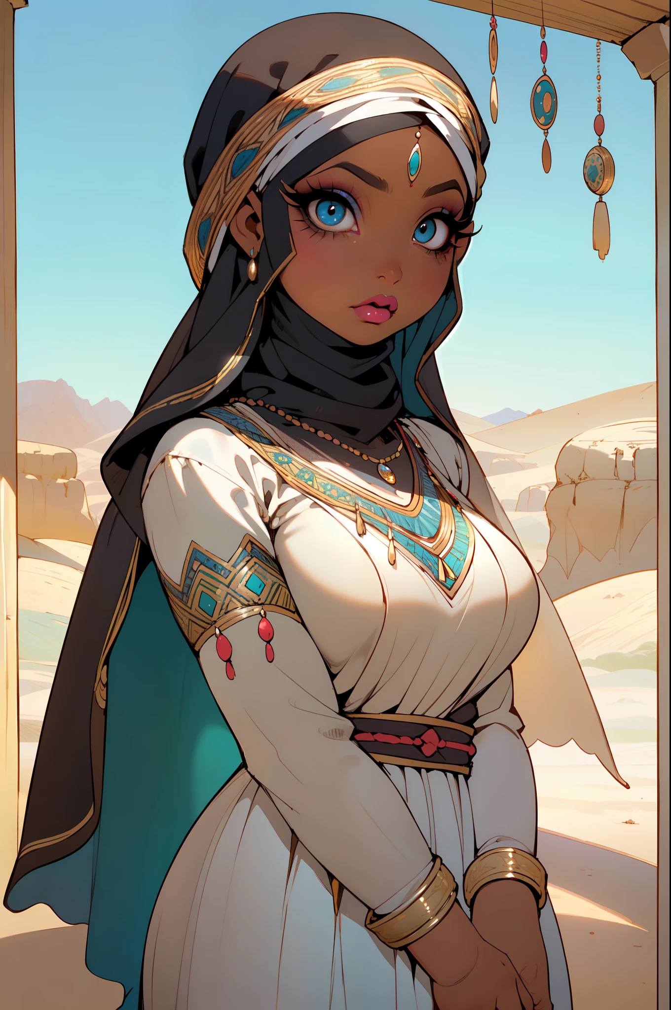 ((1 dark skinned African  woman, beautifully makeup, eyeshadow, beautiful big eyes, long eye lashes, )),princess of desert, (((wearing hijab))), (((sheer veil))),, (satin dress), looking at viewer, many necklaces, bracelets, (ornament), sun, desert background, , dramatic sky in natural light, with [soft shadows], fantasy, ((niji)), , 