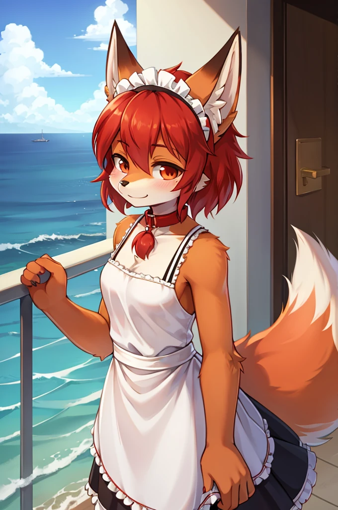 fox boy,Ocean,Red collar,Large high rise apartment building, Maid clothes,Red hair characteristics