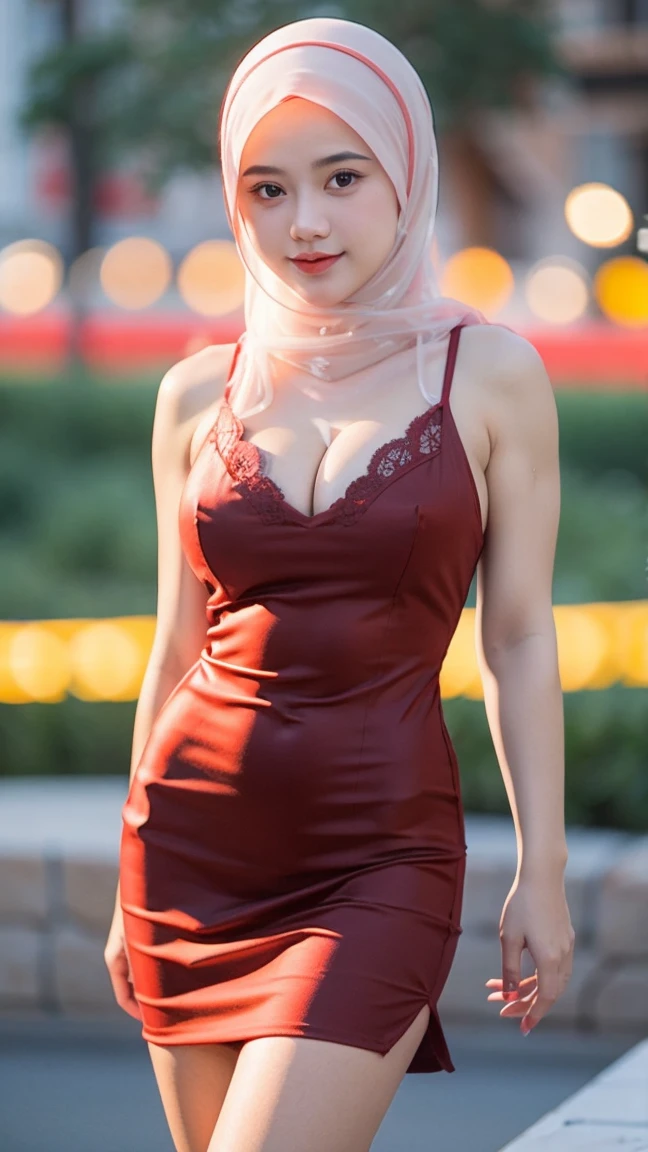 Masterpiece ,  , Beautiful Young 18 Years Old , Sleless , Cleavage , Glossy Red Embroidery Hijab Women Potrait , Glossy Red Slip Hijab Lace Dress , ((Round Colossal Breasts)) , ((Transparent:1.5)) , Girly , Dynamic Pose , ((Muscles:1.1)) , ((Bokeh:1.1)) , EF 24-70mm f/2.8L II USM , Sunset , Top of The Mountain , HDR , Side , Headband , ((Red Coloured:1.3))