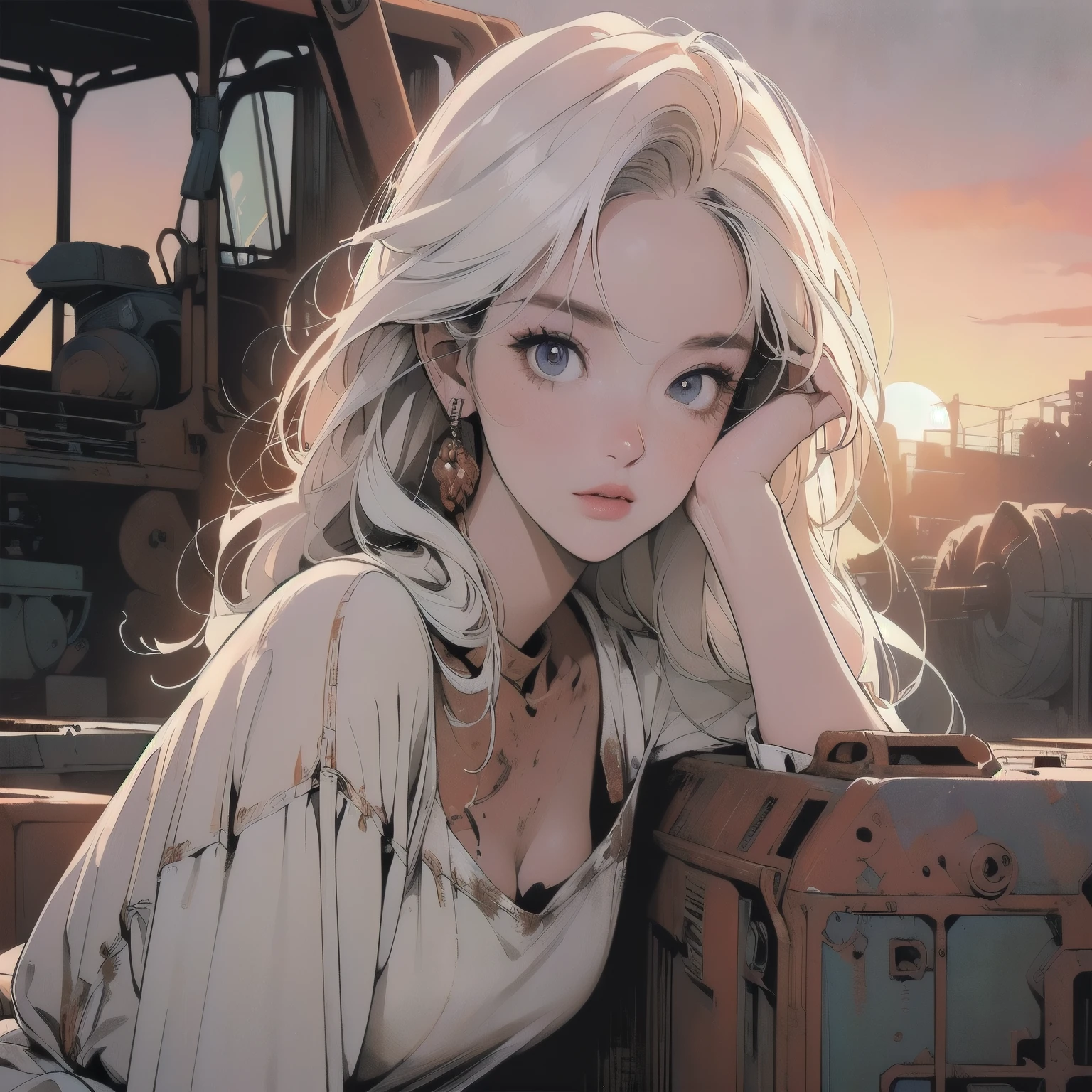 mechanical、Abandoned Factory、Atrium、((((Sunset)))、(((Rusty heavy equipment)))、(((Perfect Woman)))、Beautiful woman、Woman sitting、(((Detailed face)))、Detailed Hair、Flat Chest、White dress、(((The most beautiful face)))、(((Beauty)))、White hair color、Faint lighting、highlight、Sparkling Eyer.々Angle