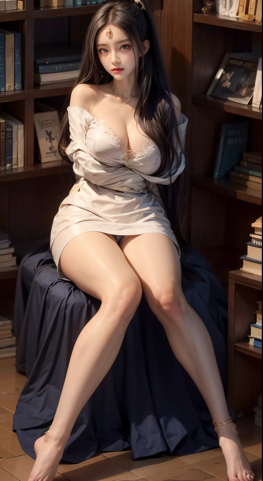 realistic, 1 women, best quality, 12k, HD, long hair, (big round breasts:1.5), cleavage, ponytail, necklace, jewelry, shorts, short jacket, slim hips, hair tie, yellow eyes, black hair, super detailed, Eye details, hair details, person details, mouth details, face details, breast details, clothes details, hair details, pants details, hand details, whole body