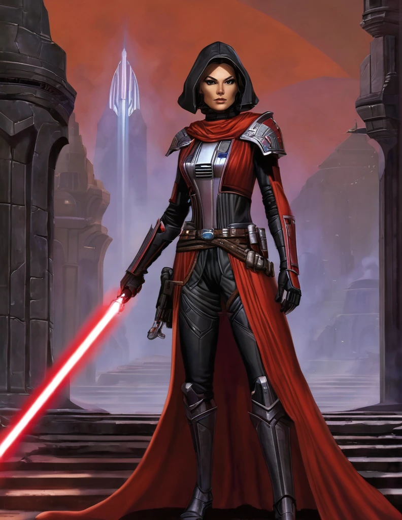 Une femme seule, Katherine whynnik en seigneur sith, inspiré de star Wars old republic, en armure moulante noir, marche dans des ruines d'un temple sith de koriban sombre, sabre laser rouge en main, a un regard fort, un visage sadique et ensorcelante, démarche gracieuse, courbe parfaite pour le corps.
