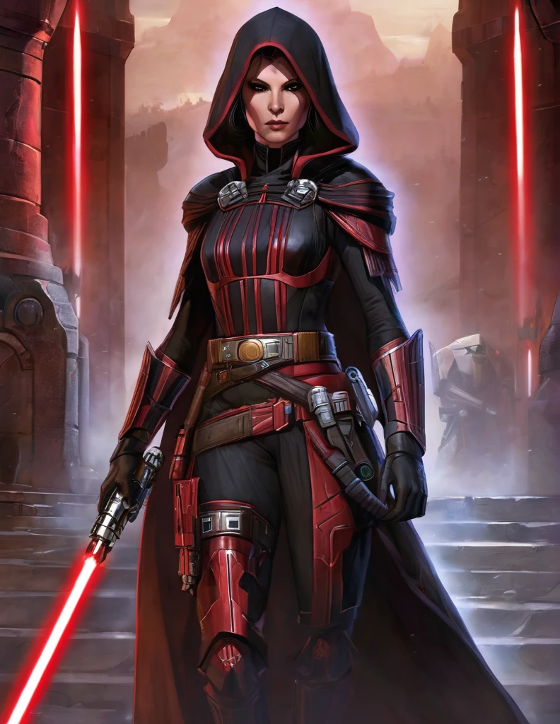 Une femme seule, Katherine whynnik en seigneur sith, inspiré de star Wars old republic, en armure moulante ????, marche dans des ruines d'un temple sith de koriban sombre, sabre laser rouge en main, a un regard fort, un visage sadique et ensorcelante, démarche gracieuse, courbe parfaite pour le corps.