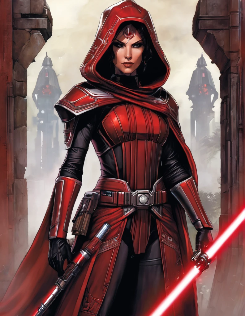 Une femme seule, Katherine whynnik en seigneur sith, inspiré de star Wars old republic, en armure moulante noir, marche dans des ruines d'un temple sith de koriban sombre, sabre laser rouge en main, a un regard fort, un visage sadique et ensorcelante, démarche gracieuse, courbe parfaite pour le corps.