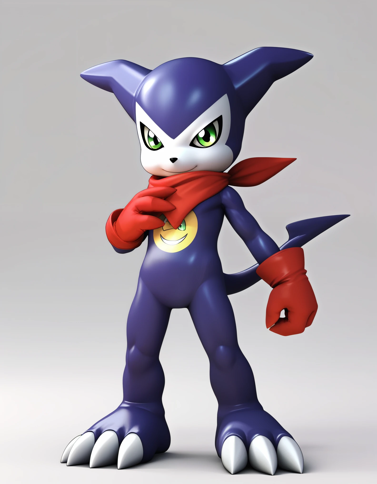 score_9, score_8_up, score_7_up, source_anime, impmon, 1boy, solo, digimon (creature), no humans, full view, green eyes, tail, gloves, claws, red gloves, scarf, standing, looking at viewer