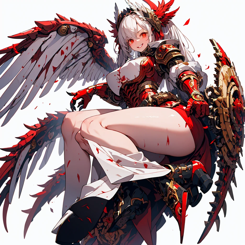 (master piece、highest quality)、(Perfect athlete body:1.2)、(detailed hair)、Super detailed、anime style、whole body、solo、devil girl、blood red power armor、sisters of war、warhammer 40k、white hair, golden eyes, and tears of blood、huge wings、chant blood magic、high heel boots、digital paint、8K high resolution、trend art station、white background、whole body、A triumphant smile