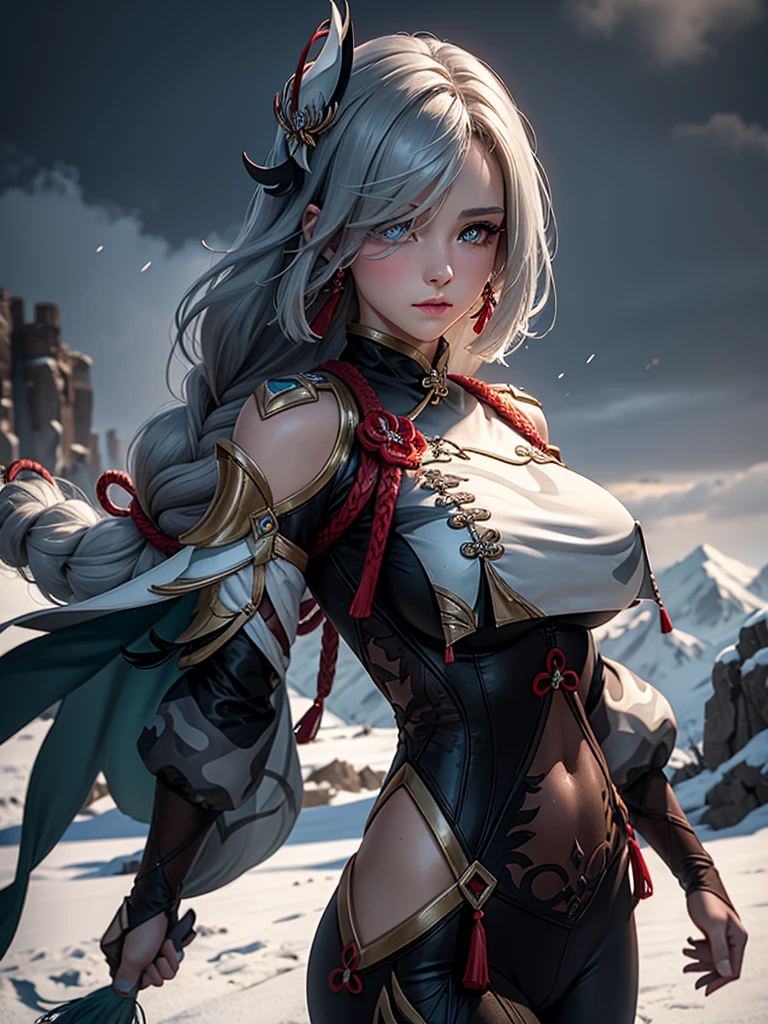 shenhedef, upper body, seductive look, blush, outdoors, snowflake scenery, looking at viewer, cloudy, moody lighting, (perfect detail eyes:1.2), glowing eyes, (long hair one braid:1.2), elemental skill effect, (Masterpiece, Best Quality, High Quality:1.4), professional artwork, Intricate Details, field of view, sharp focus, detailed painting, photorealistic lighting, trending on pixiv, (vivid lighting, vibrant colors:1.05), realistic shadows, ambient occlusion, (athletic body:1.3), mature woman, 30yo, colors RGB 
