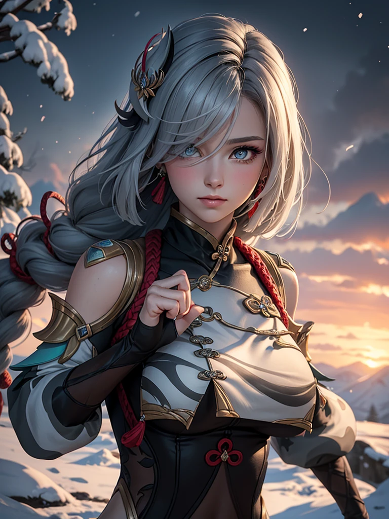 shenhedef, upper body, seductive look, blush, outdoors, snowflake scenery, looking at viewer, cloudy, moody lighting, (perfect detail eyes:1.2), glowing eyes, (long hair one braid:1.2), elemental skill effect, (Masterpiece, Best Quality, High Quality:1.4), professional artwork, Intricate Details, field of view, sharp focus, detailed painting, photorealistic lighting, trending on pixiv, (vivid lighting, vibrant colors:1.05), realistic shadows, ambient occlusion, (athletic body:1.3), mature woman, 30yo, colors RGB 
