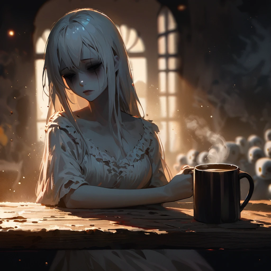 (impressionism), (darkness:1.3), madness, Deformity, Decadent, horror, oil painting style, asymmetric composition, wonky dynamic angle, 1woman, (((solo))), 30yo, mature, tired sleepy undead ((((banshee)))) in the morning, drooping head, arm on wooden table, long straight hair, white hair, side swept hair, pale white skin, half closed eyes, empty hollow eyes, bags under eyes, closed mouth, pale lips, wearing a frilly white gown, long white ghostly gown, collarbone, suffering, agony, next to a ((big mug of coffee)), one (((steamy))) mug of coffee on table, (hello kitty mug), (((dusty dark room))), (light particles), light rays, empty room, liminal space, depth of field, (blurry background), view of the morning sun through a barred dirty window, (((volumetric lighting))), low-key lighting, chiaroscuro, backlighting, (best quality:1.2), absurdres, intricate details, brilliant